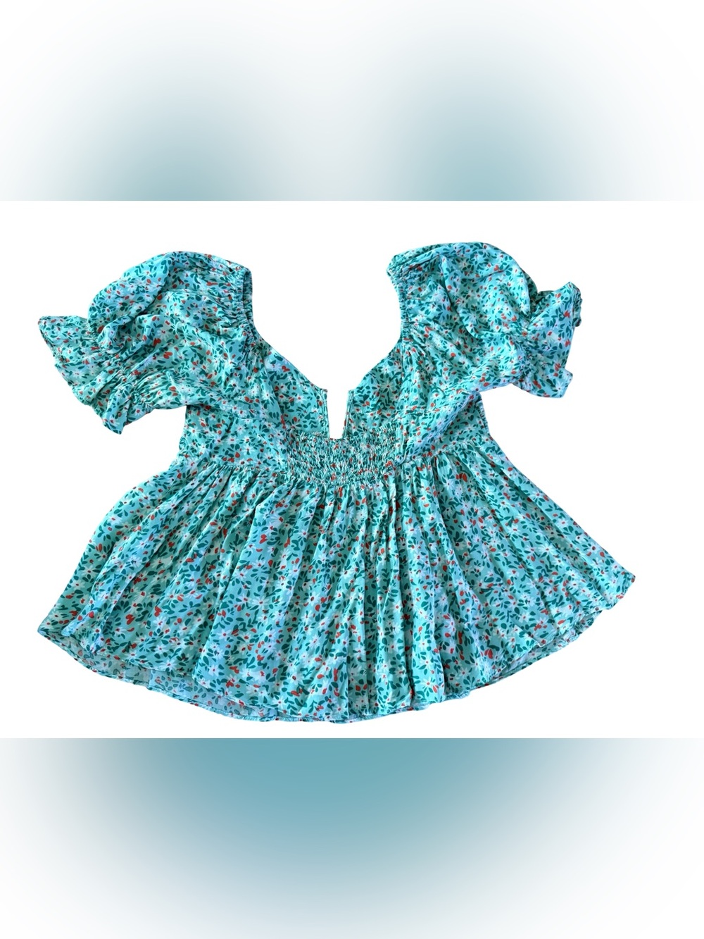 Newbury Kustom Boho Smocked Floral Babydoll Top Ruffle Sleeve Size S